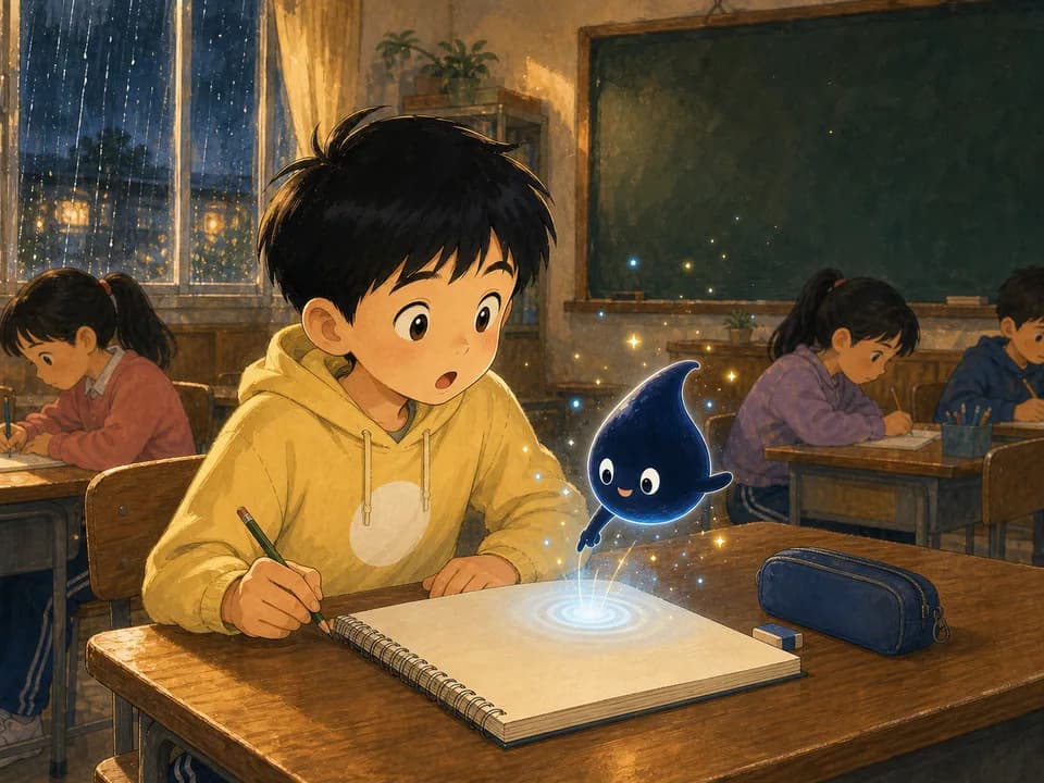 墨点从作文本旁出现，用蓝色光点唤起可乐的注意。