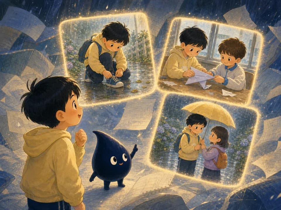 可乐和墨点在纸页世界里发现鞋带、纸飞机与雨中共伞三张记忆卡。