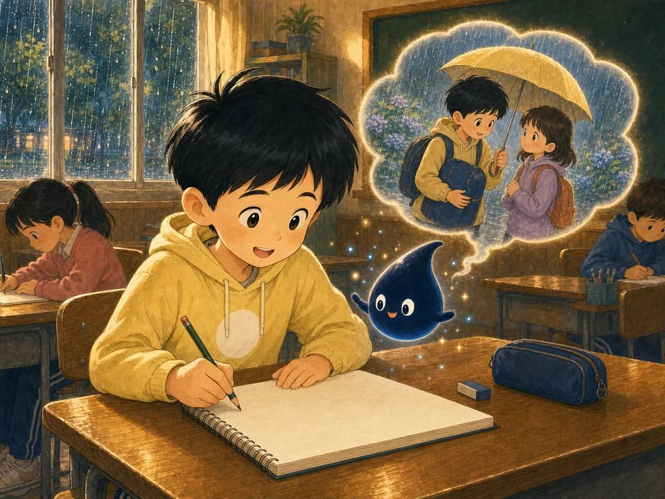 可乐回到教室开心下笔，脑海中浮现与同学雨中共伞的一刻。