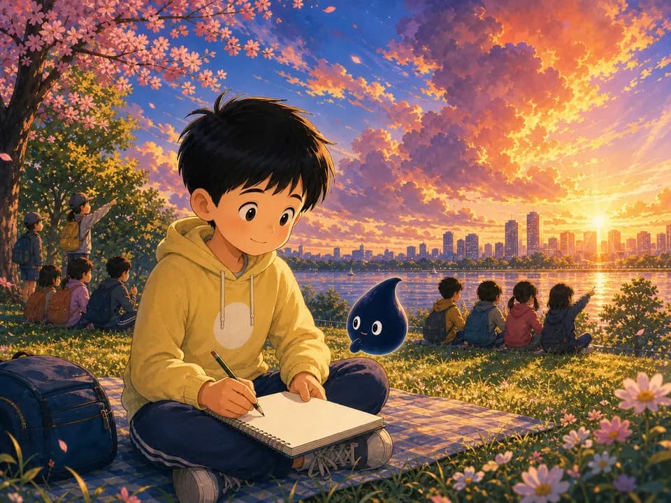 夕阳下的湖边公园里，可乐坐在草地上写春游，墨点在旁边思考。