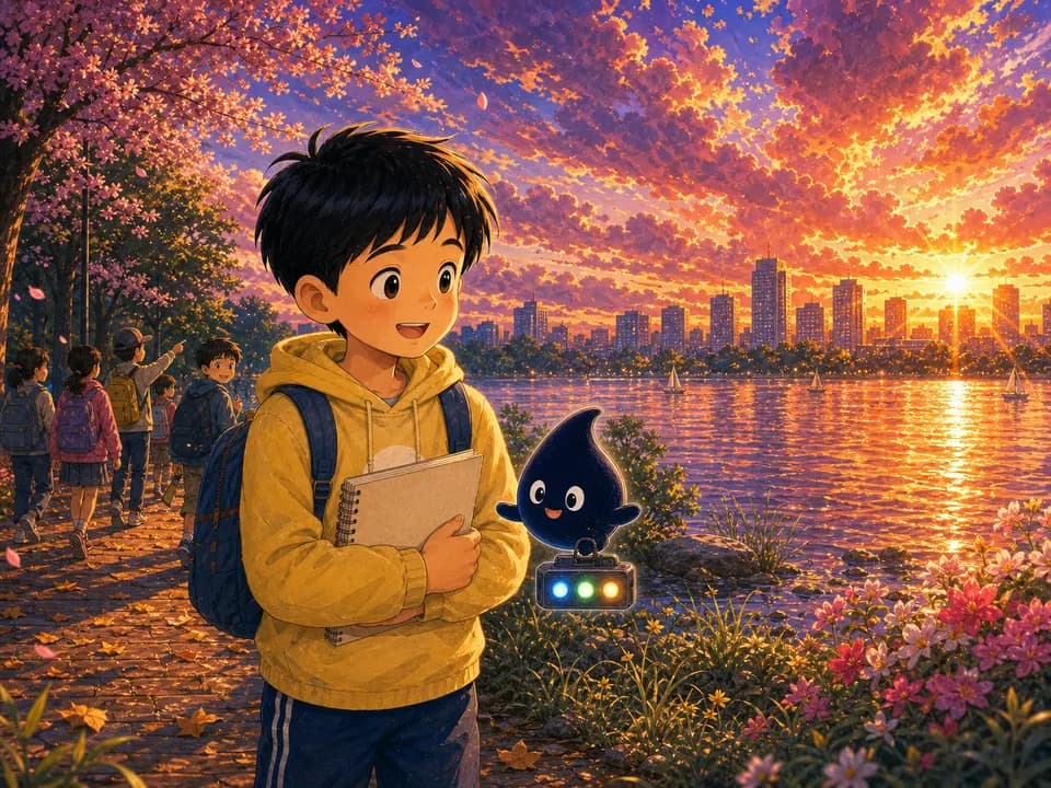 公园恢复鲜艳色彩，可乐和墨点在壮丽夕阳天空下看见清晰的湖景。