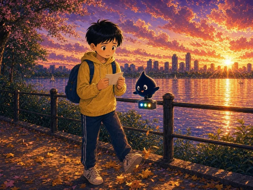 夕阳湖边，可乐捏着分享卡片紧张地站着，墨点在旁鼓励他。