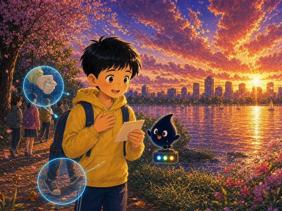 可乐在湖边练习表达，身边浮现动作细节的光影画面。