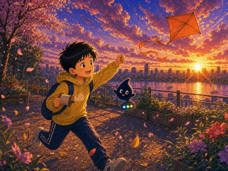 可乐在夕阳露台放起橙色风筝，墨点开心地跟着飞。