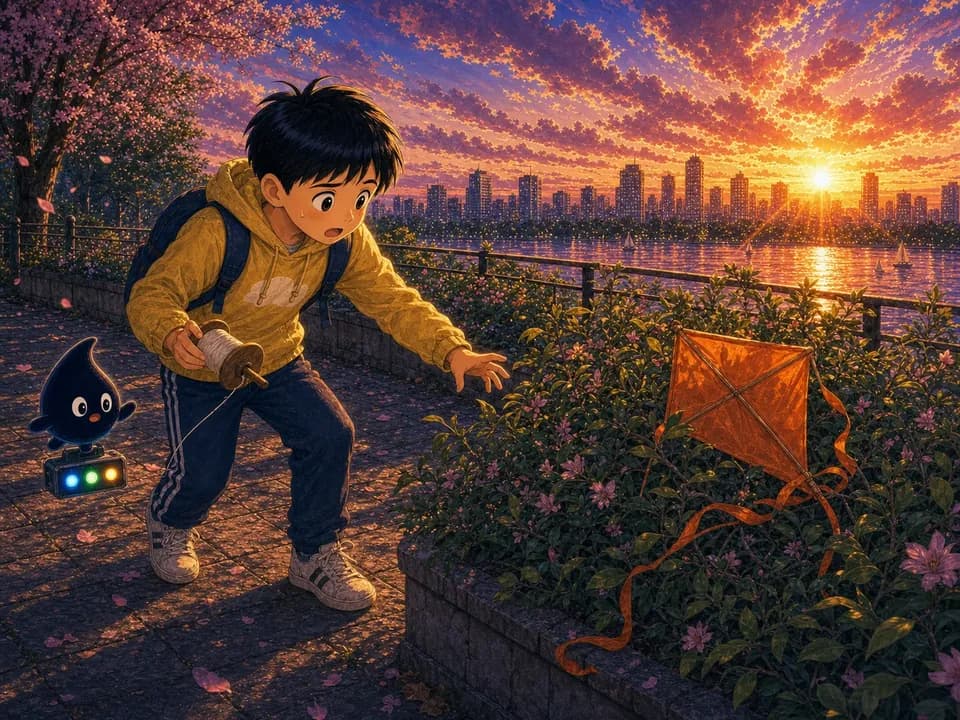 橙色风筝跌进花丛，可乐吃惊地停下脚步。