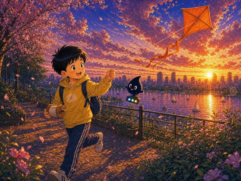 绚烂晚霞下，修好的风筝高高飞起，可乐和墨点兴奋地奔跑。