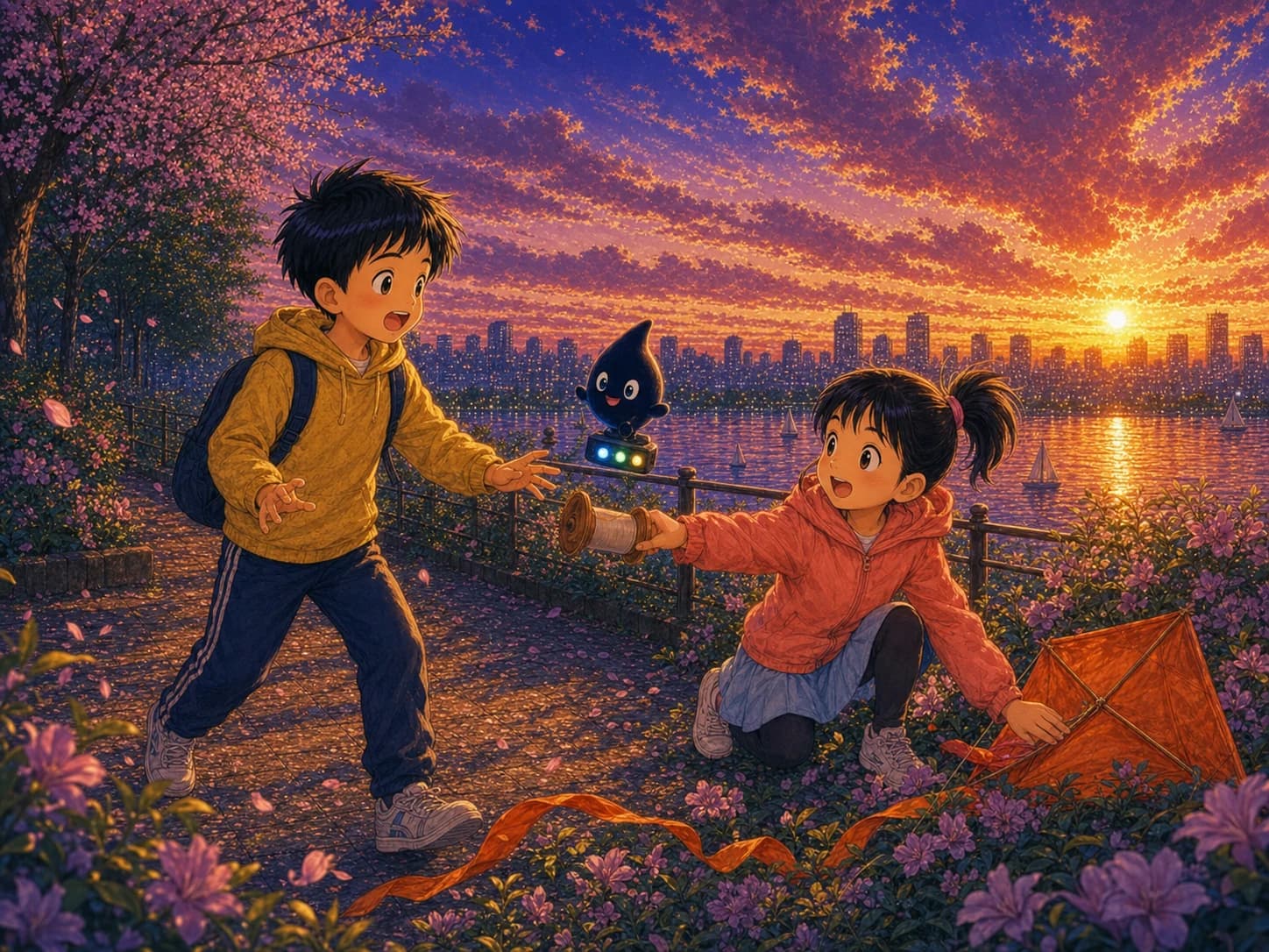 橙色风筝掉落后，小雨弯腰按住风筝尾巴并提醒可乐，墨点在旁照亮动作。