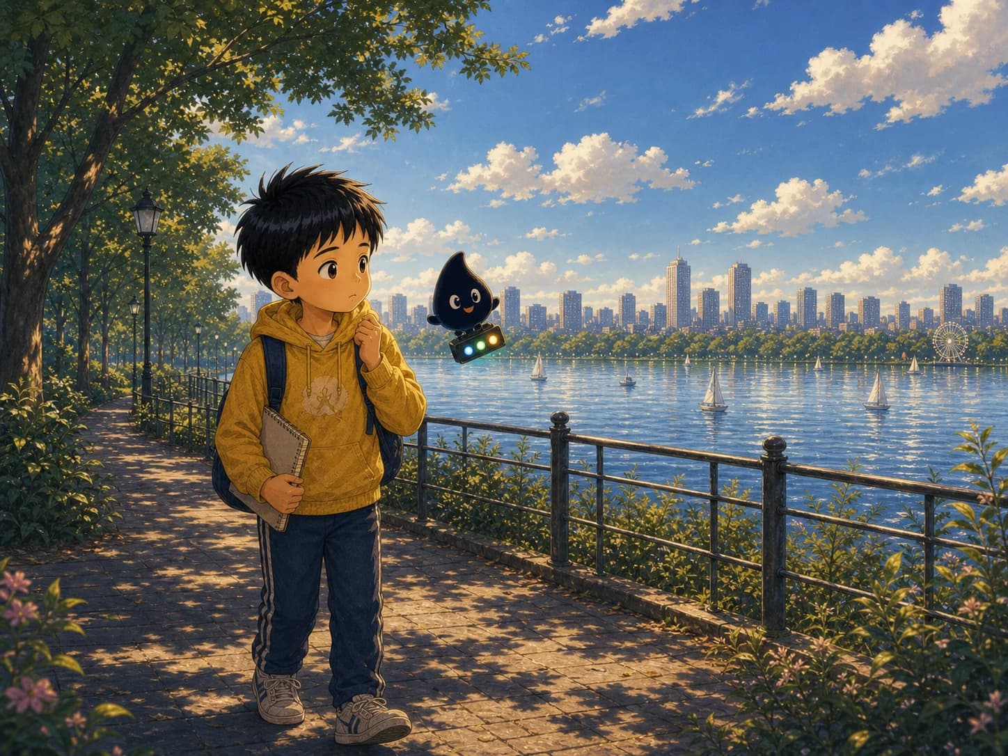 可乐和墨点站在湖岸步道，看着熟悉的小路与树木思考写景题材。
