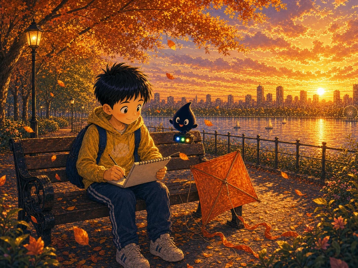 金黄秋景中，可乐坐在长椅写下湖边小路的变化，墨点陪伴在旁。