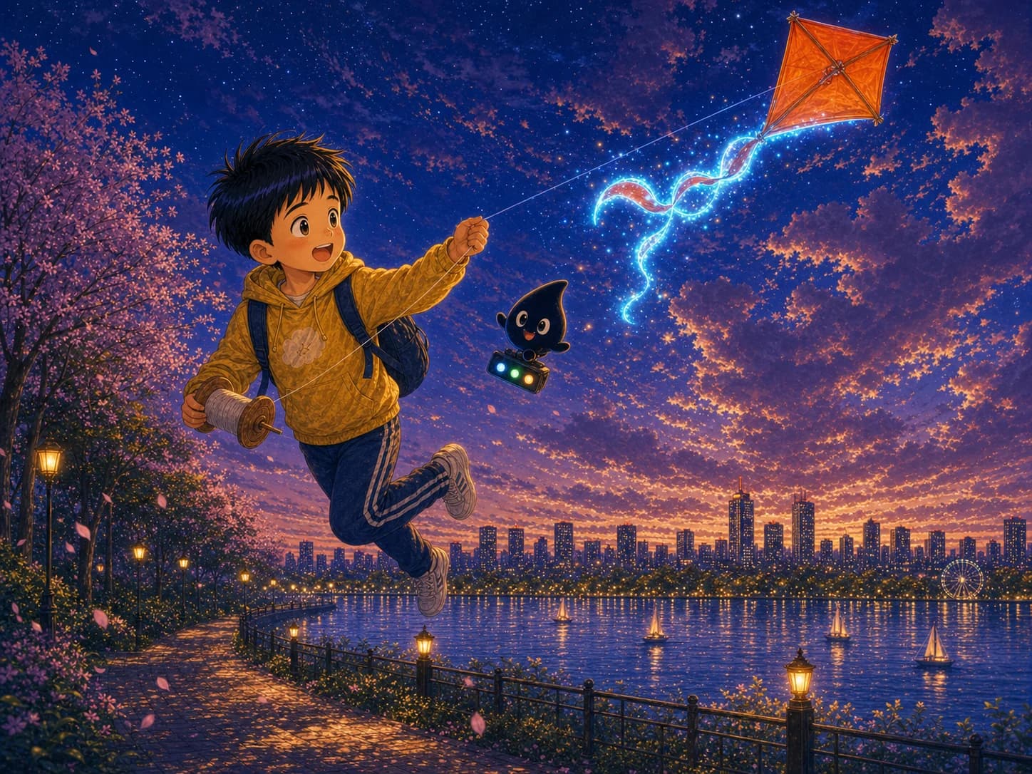 夜色湖岸上，橙色风筝尾巴闪着蓝光，将惊喜的可乐轻轻带离地面。
