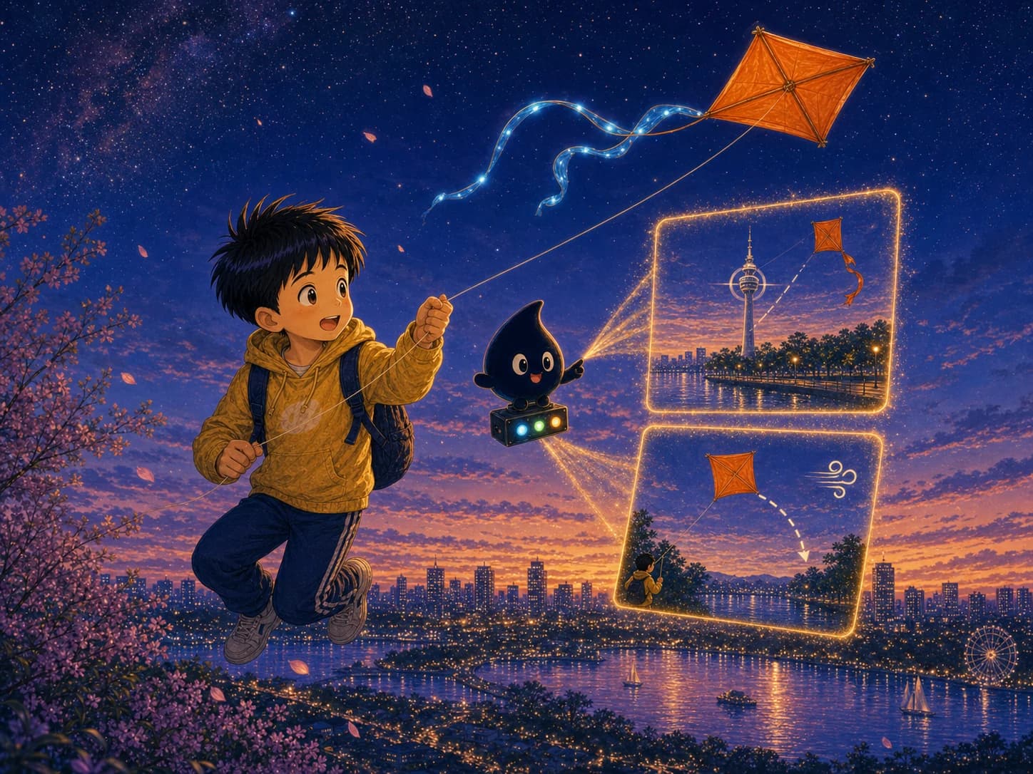 星空中，墨点用发光图标向飞在风筝下的可乐说明两条想象规则。