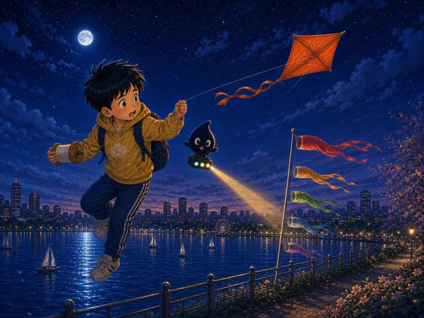 暮蓝天空与湖面上方，可乐抓着风筝线遇到停风难题，寻找岸边彩旗指示。
