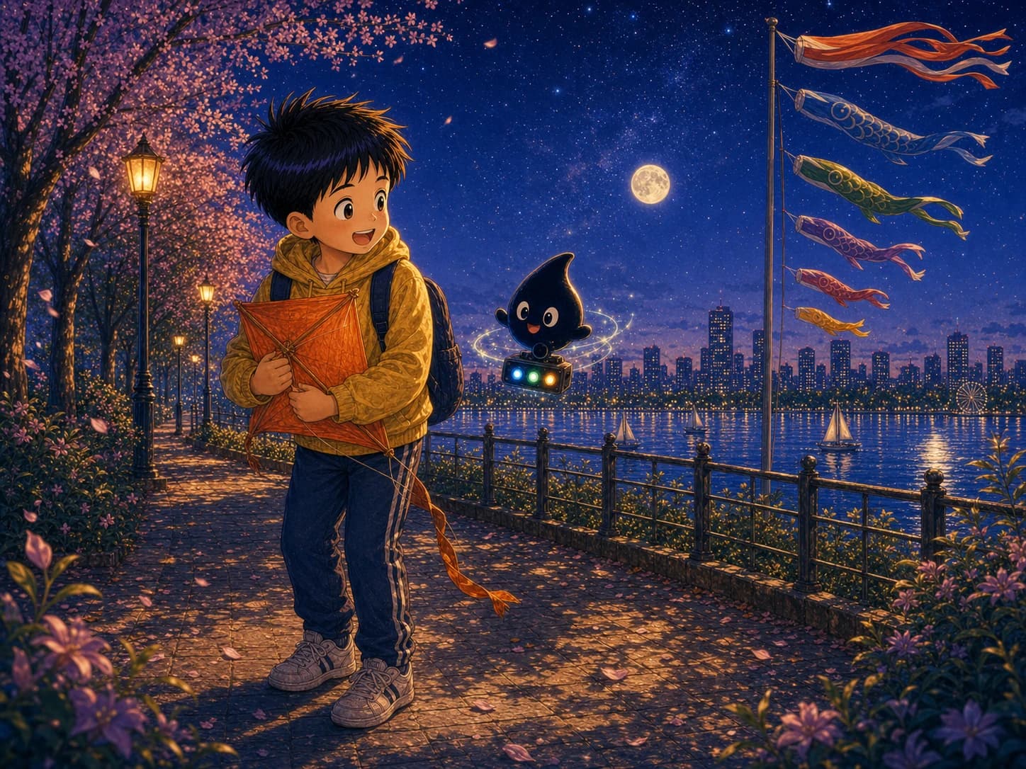 星光初现的湖边步道上，可乐安全落地抱住风筝，墨点在旁庆祝。
