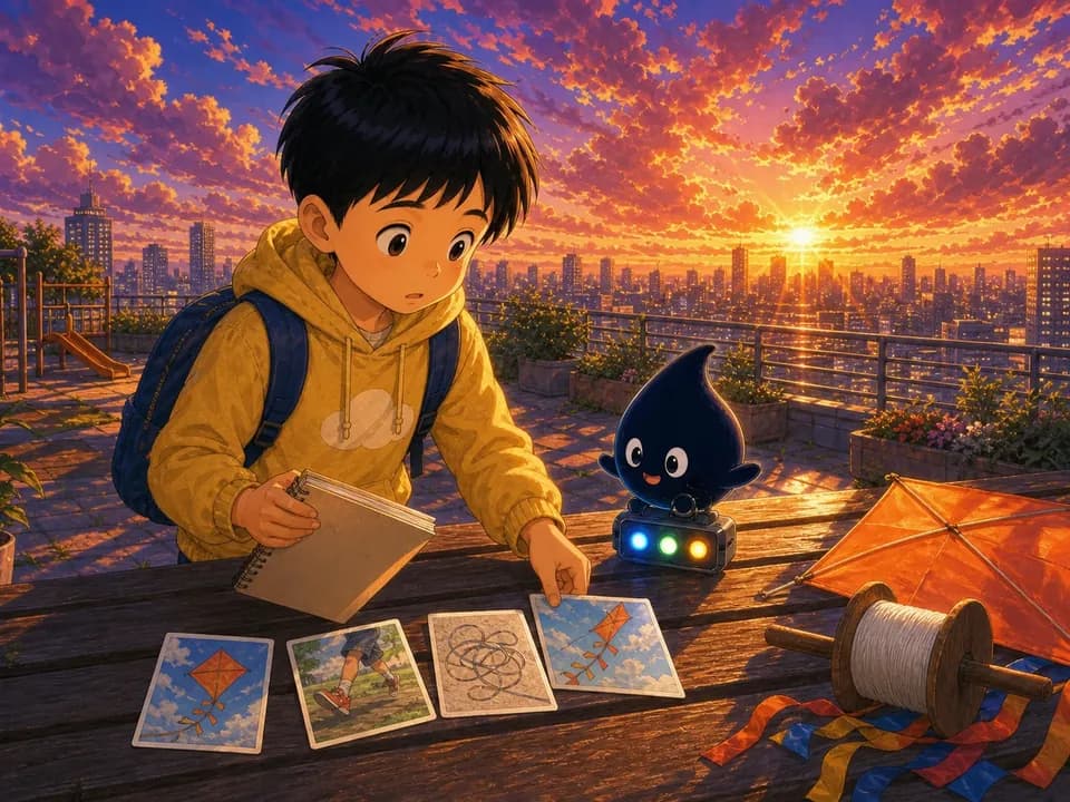 夕阳露台上,可乐望着混在一起的风筝回忆卡发愁。