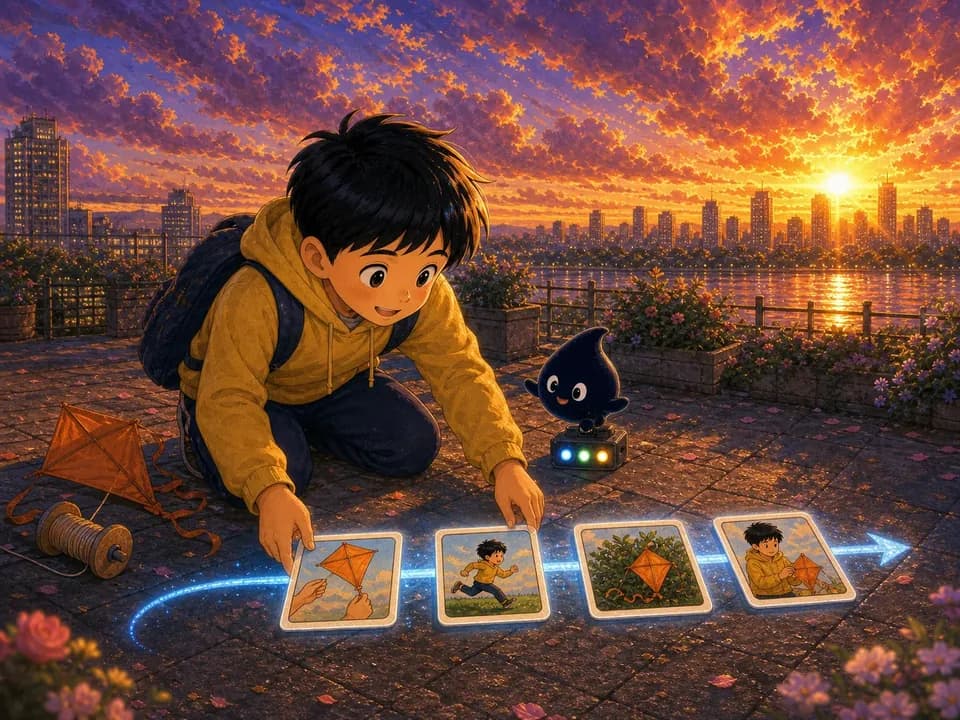 墨点用蓝色光路帮助可乐按先后摆放风筝图卡。