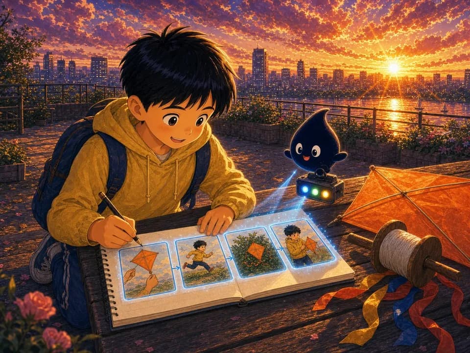 可乐在晚霞下完成风筝故事的四格图画提纲。
