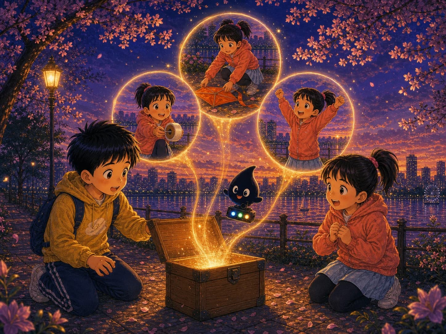 可乐与墨点打开发光证据箱,里面浮现小雨递胶带和整理风筝尾巴的画面。