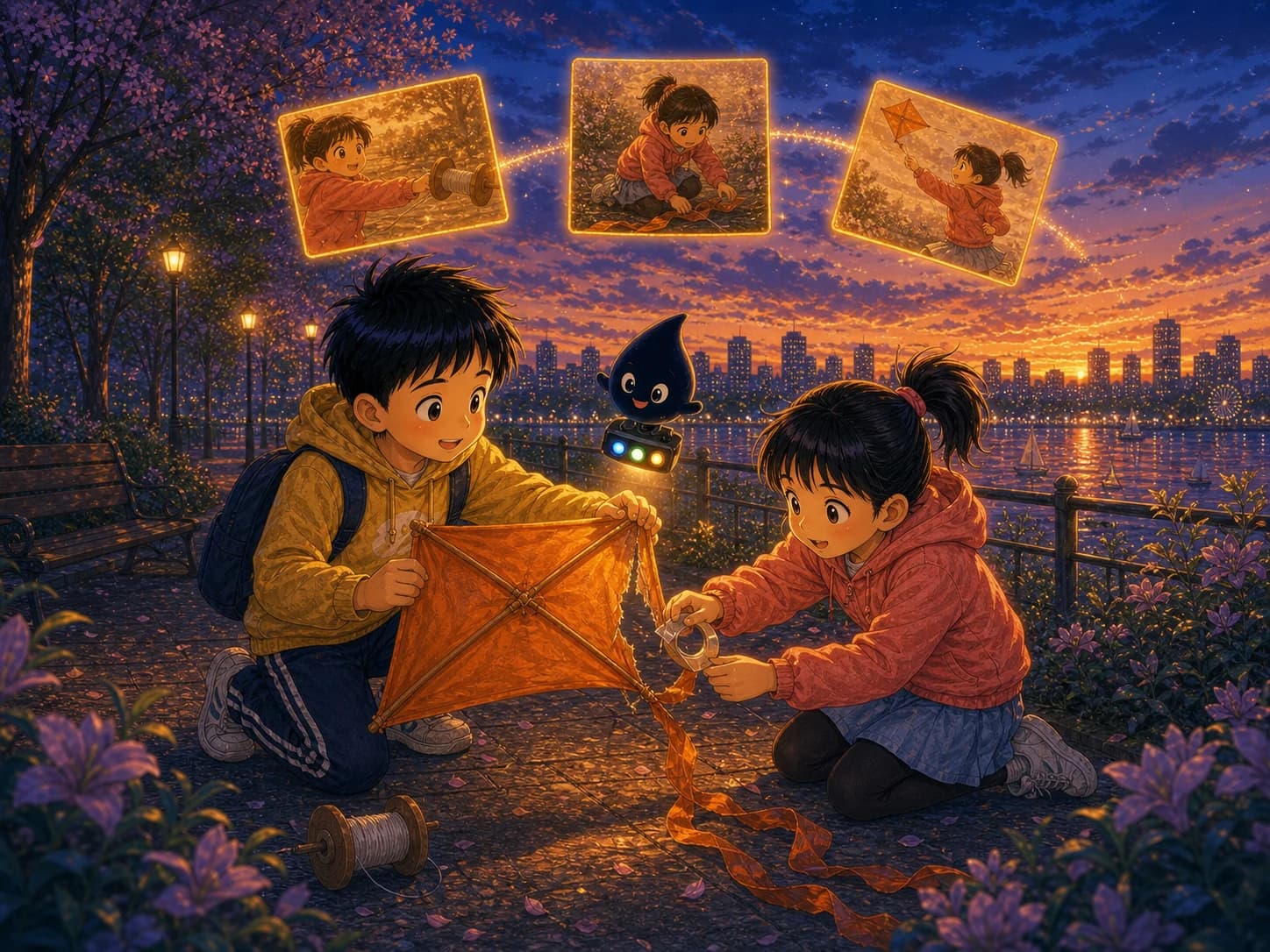 暮色湖岸边,小雨与可乐一起修好风筝,三张动作记忆卡连成一段故事。