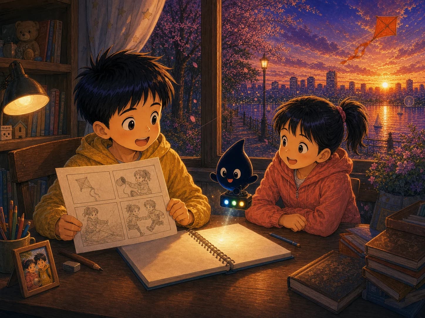 温暖书桌旁,可乐完成写小雨的作文,窗外仍能看到湖岸与高飞的风筝。