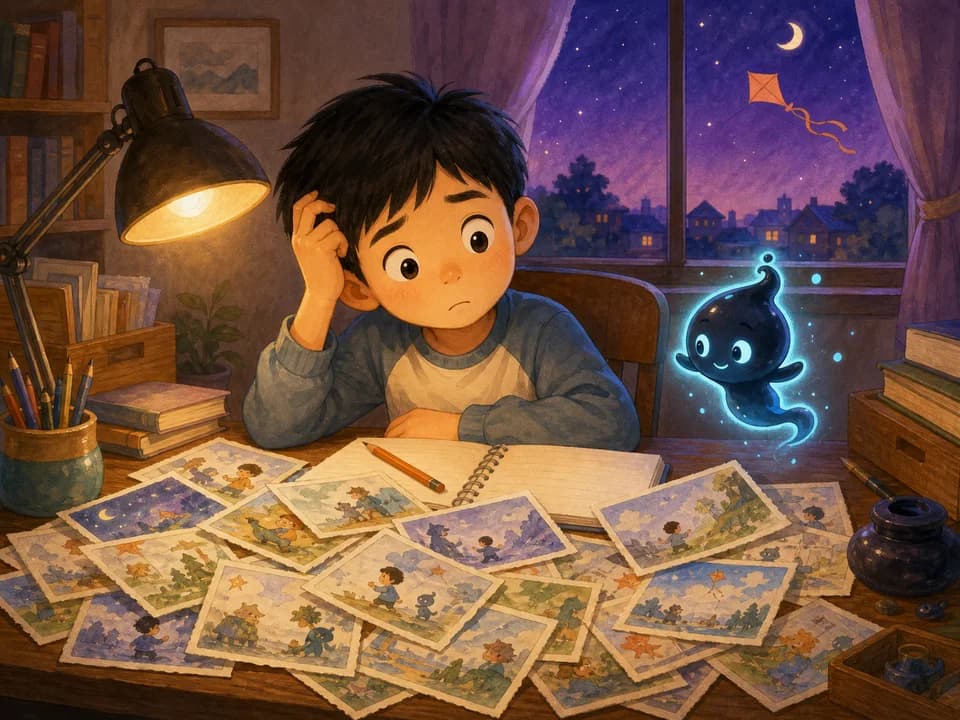 温暖书桌旁,可乐面对一堆风筝故事卡发愁,墨点在旁鼓励他。