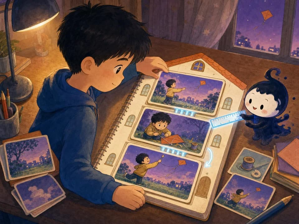 可乐在本子里排列三个段落图块,墨点用发光尺帮助连接顺序。