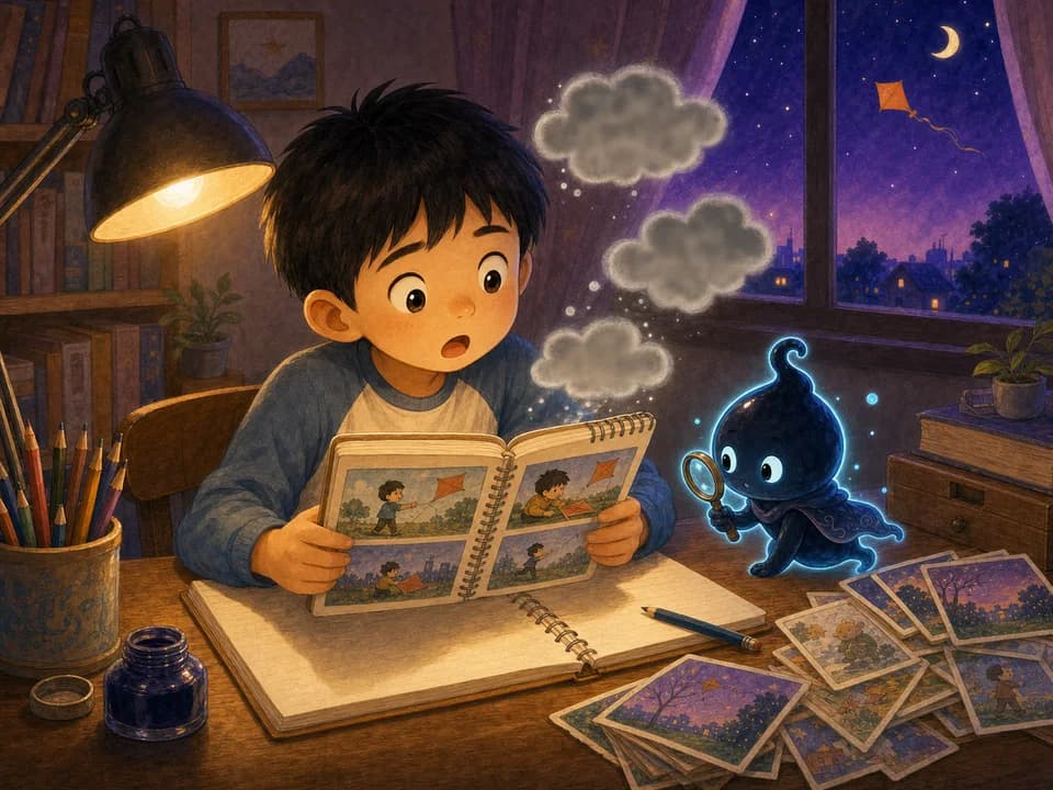 可乐在书桌前朗读初稿,纸上浮起模糊的灰色表达云,墨点拿着放大镜倾听。